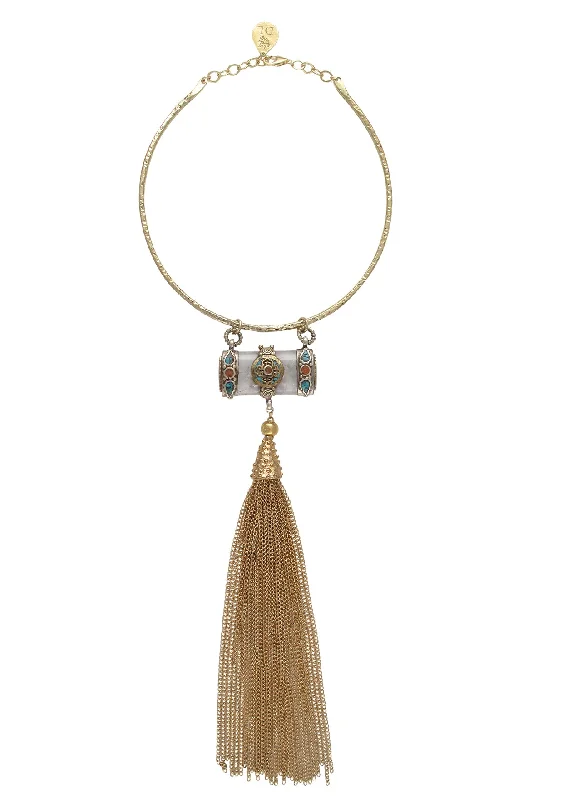 Modern Wedding Necklace-Ethnic Accent Gold Tassel Gold Bar Necklace