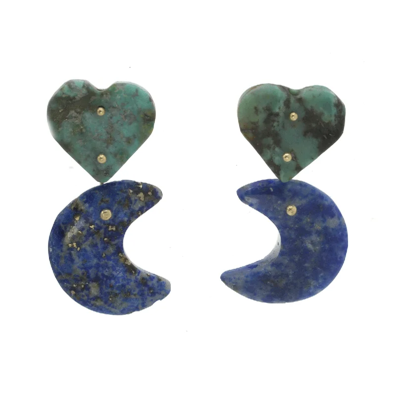 Elegant Pearl Stud Earrings-Mobile Earrings African Jasper Heart and Lapis Moons