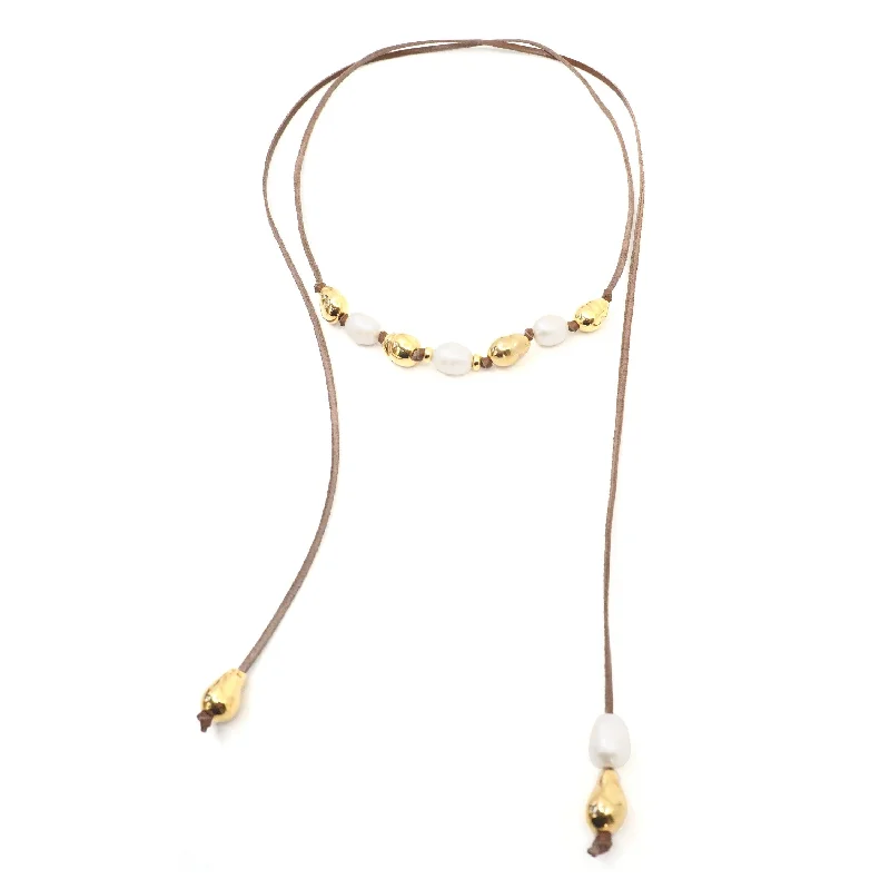 Diamond Pendant Necklace-The Victoria Necklace in Gold, Pearl & Leather