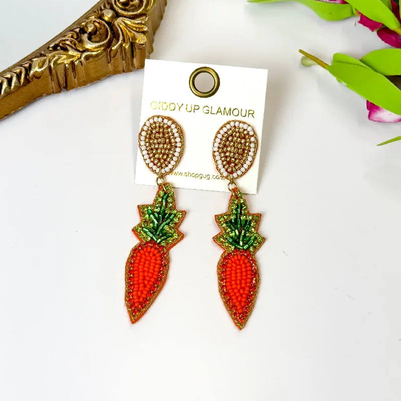 Cute Stud Earrings for Teenagers-Beaded Drop Carrot Earrings with Crystals in Orange