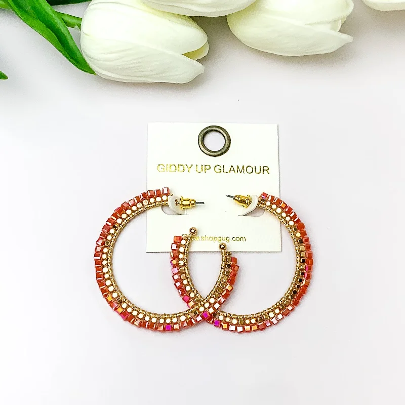 Unique Wedding Earrings-Gold Tone Beaded Hoop Earrings with a Red Orange Crystal Outline