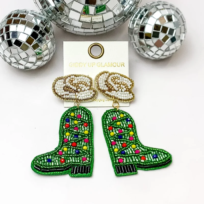 Luxury Gemstone Earrings-Christmas Tree Beaded Cowboy Hat and Boot Earrings in Green