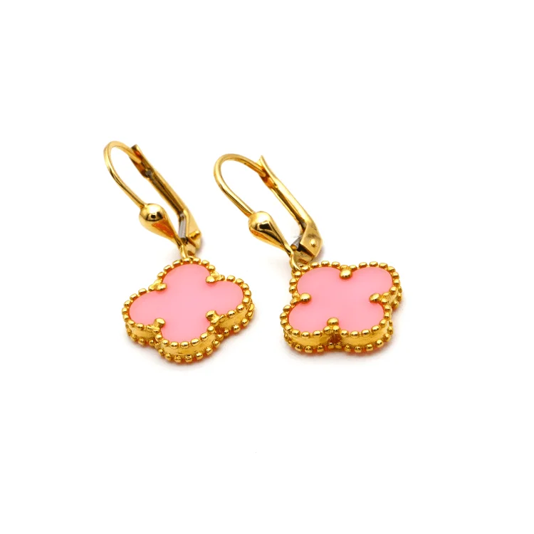 Sterling Silver Earrings for Women-Real Gold Pink Hanging Clip Earring Set - Model GZJVN E1921