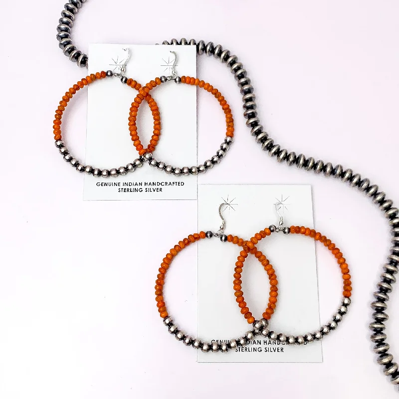 Gold Hoop Earrings-Navajo | Navajo Handmade Sterling Silver Navajo Pearl Hoop Earrings with Orange Beads