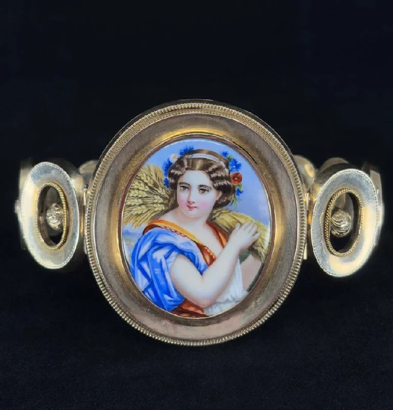 Men’s Beaded Bracelet-Victorian 15ct Gold Bracelet with Portrait of Lady and Wheatsheaf