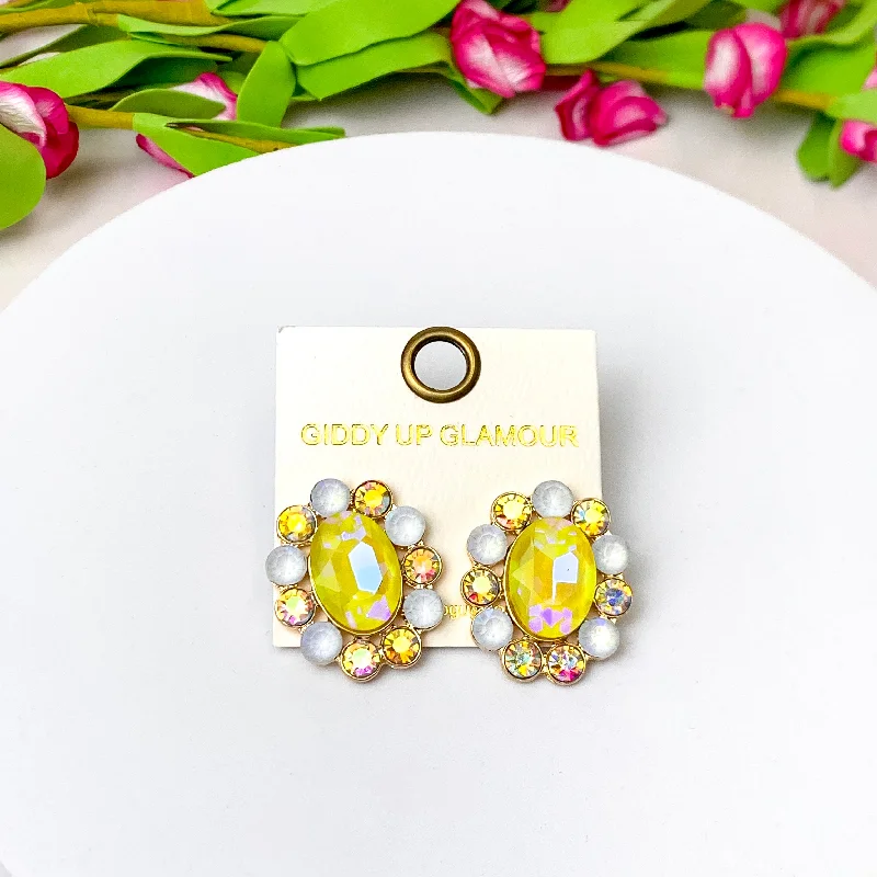 Long Chandelier Earrings-Elegant Echoes Gold Tone Oval Concho Stud Earrings in Yellow and White