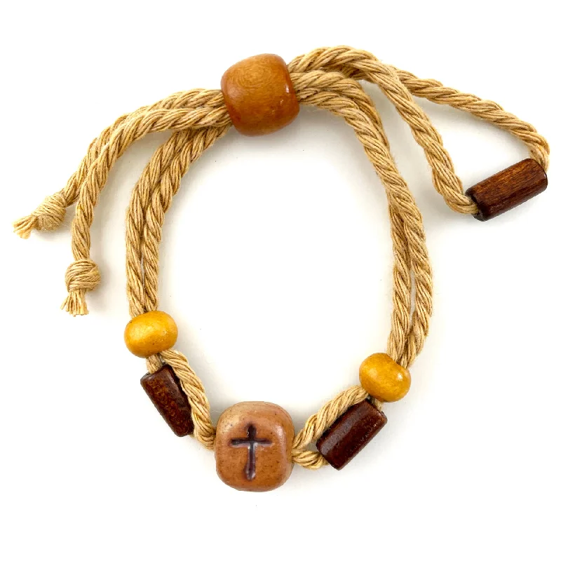 Women’s Customizable Leather Bracelet-Adjustable Cross Bead Jute Bracelet