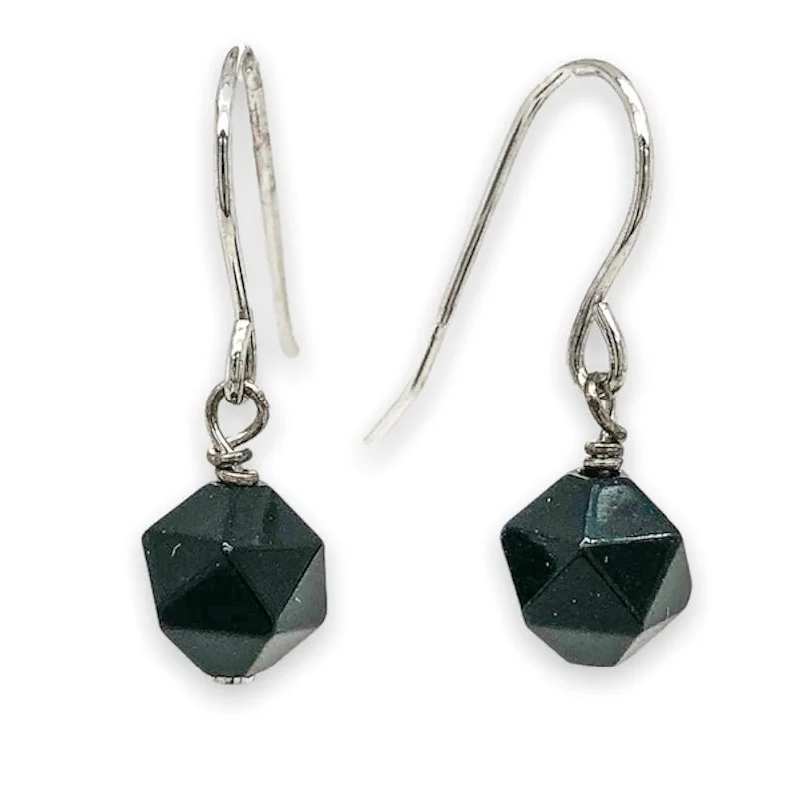 Sparkling Drop Earrings-SS Faceted Black Agate Dangle Earrings