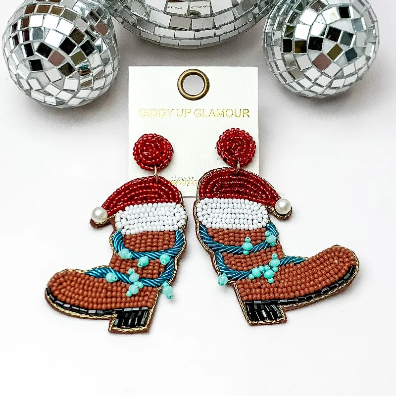 Custom Birthstone Earrings-Beaded Cowboy Boot Earrings with Santa Hat in Brown