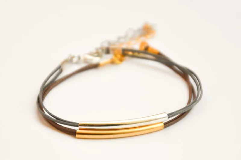 Stackable Gold Bracelets-Silver and gold plated tube charms bracelets, gray and brown cords