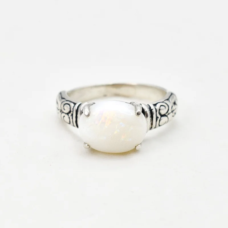 Gemstone Ring for Women-Tribal Opal Ring - White Boho Ring - Horizontal Oval Ring