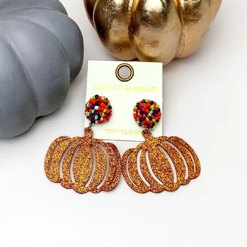 Unique Diamond Earrings-Multicolor Beaded Post Earrings with a Orange Glitter Pumpkin Drop