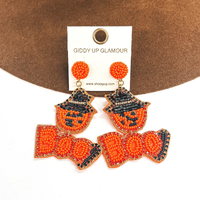 Luxury Wedding Earrings-Little Miss Boo Pumpkin with Witch Hat Post Earrings in Orange and Black