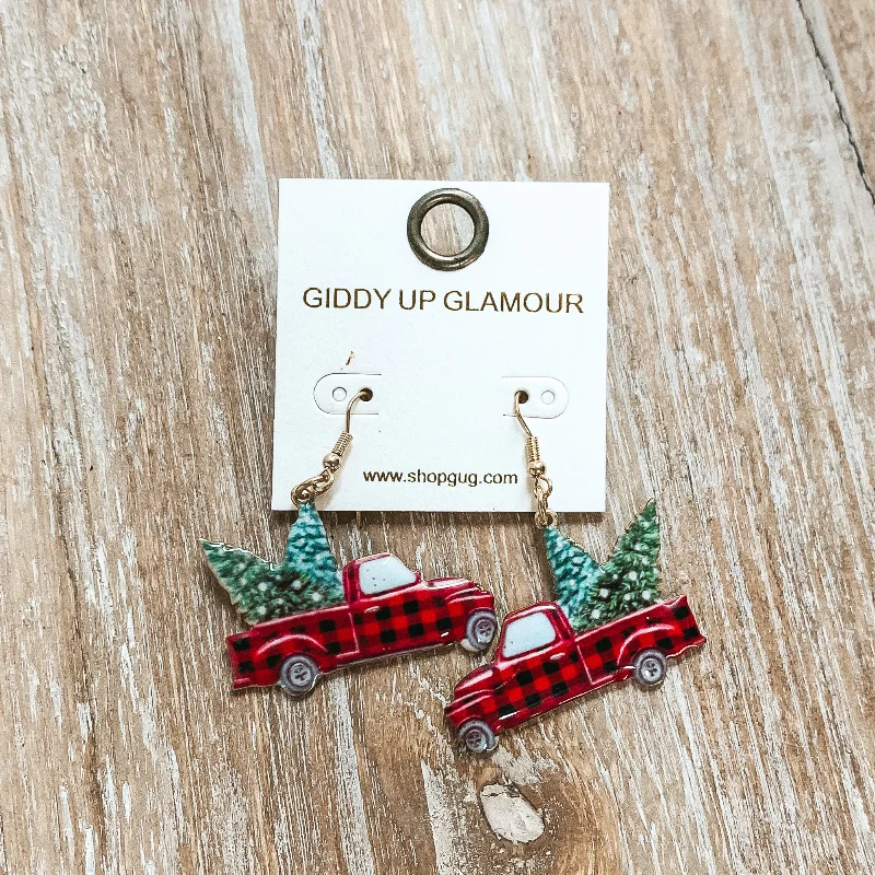 Crystal Hoop Earrings-Gold Tone Fishhook Earrings with Buffalo Plaid Truck and Christmas Tree Pendant