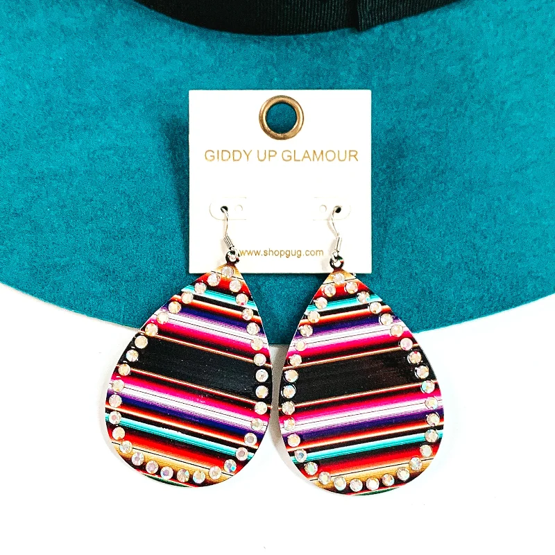 High-Quality Diamond Earrings-Serape Print Teardrop Earrings with AB Crystals in Black Mix