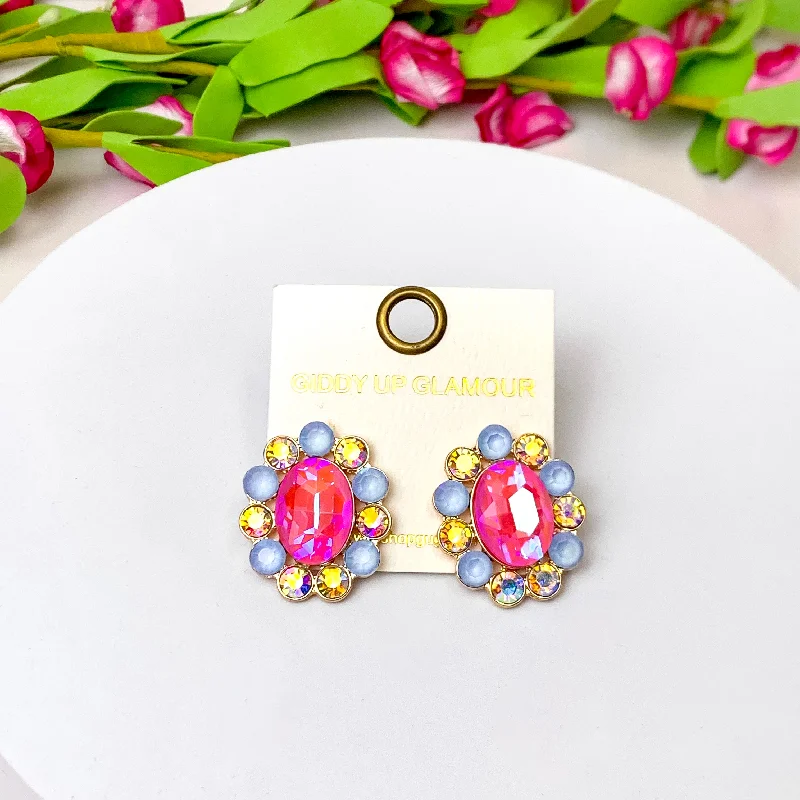 Luxury Earrings for Wedding-Elegant Echoes Gold Tone Oval Concho Stud Earrings in Pink and Blue