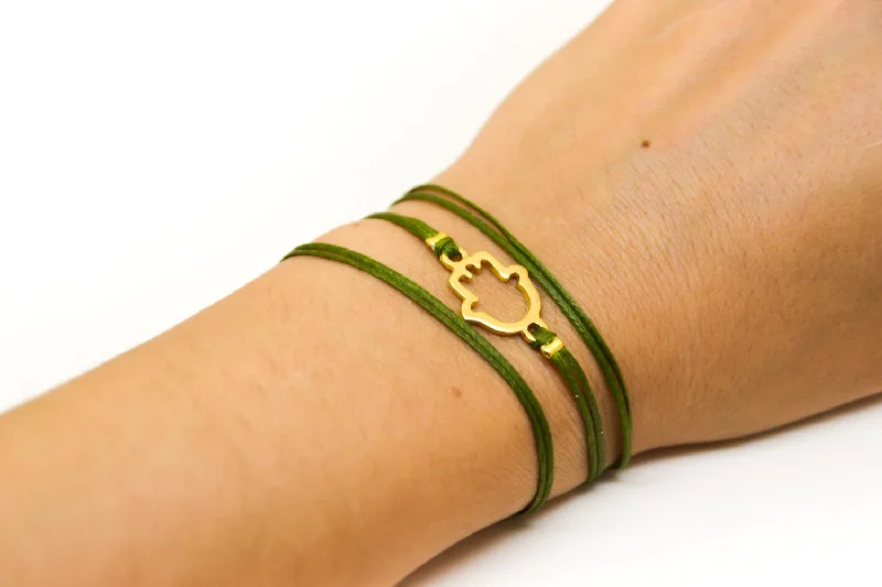 Men’s Personalized Bracelet-Wrapped green cord bracelet with gold Hamsa charm