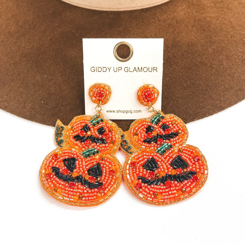 Beautiful Pearl Drop Earrings-Two Tiered Seedbeaded and Crystal Pumpkin Post Earrings in Orange