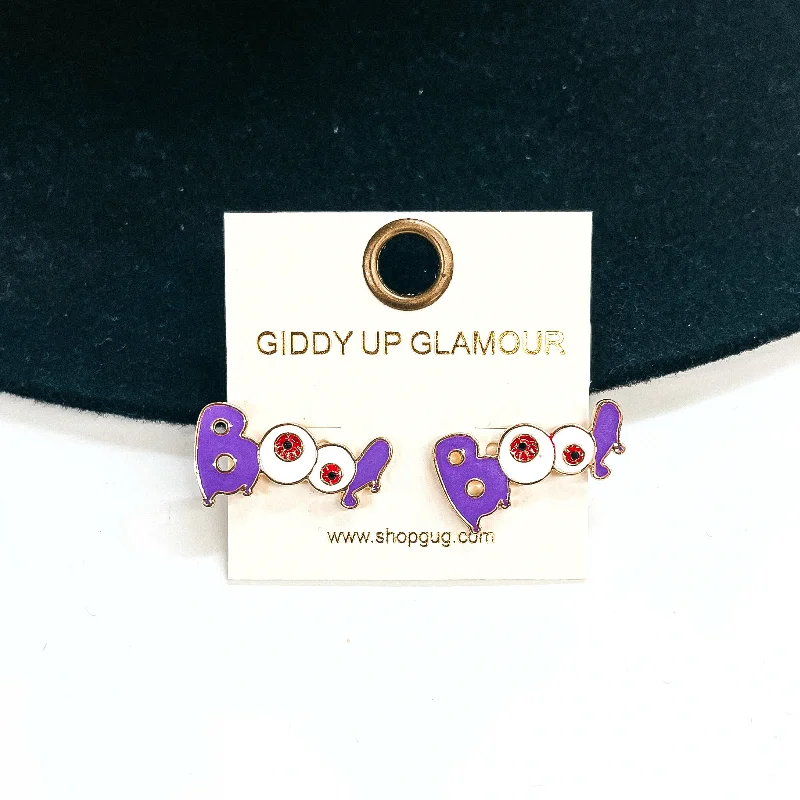 Unique Design Earrings-Boo Stud Earrings with Red Eyeballs in Purple