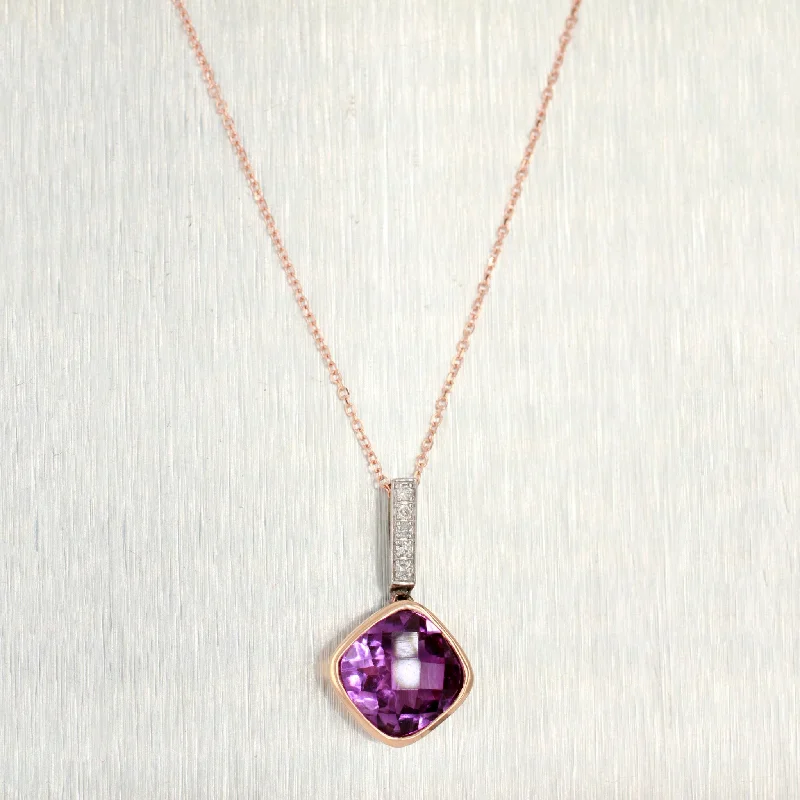 Dainty Gold Necklace-Vintage Square Amethyst & Diamond Pendant - 14k Rose Gold Necklace - 18"