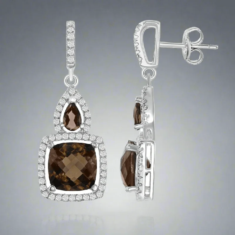 Crystal and Pearl Earrings-SS Square Smoky Quartz & White Topaz Earrings