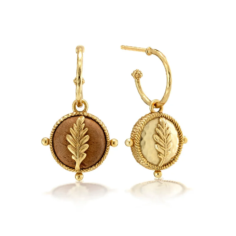 Dangle Earrings with Gems-Forest Walk Oak Leaf Earrings with Double Sided Charm - Teak/Gold