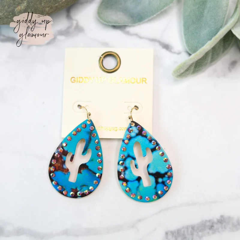 High-End Earrings for Weddings-Turquoise Teardrop Earrings with Crystal Trim and Cactus Cut Outs