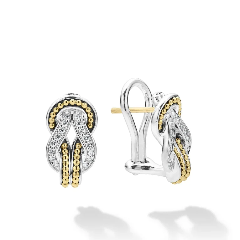 Modern Earrings for Teens-Two-Tone Knot Diamond Huggie Earrings