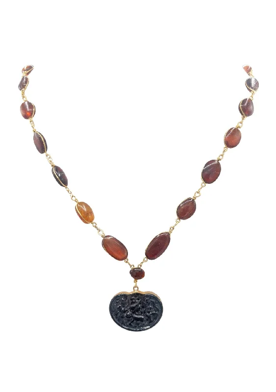 Vintage Gold Necklace-Tourmaline Pendant Amber Station Necklace