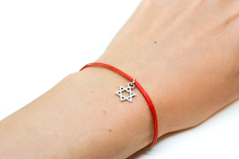 Personalized Beaded Bracelet-Silver Star of David bracelet, red cord, handmade gift for her