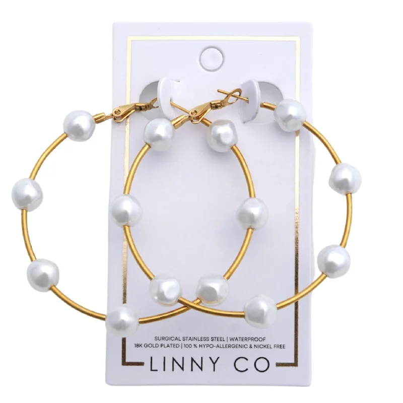 Vintage Silver Earrings-Linny Co | Leah Gold Tone Hoop Earrings with Pearl Accents