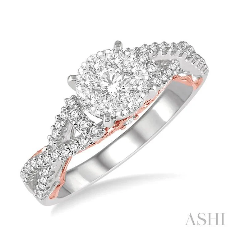 Engagement Ring with Sapphire-5/8 ctw Round Diamond Lovebright Crossover Shank Engagement Ring in 14K White and Rose Gold