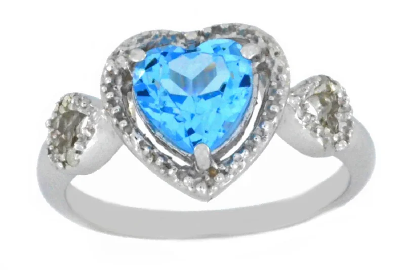 Men's Engagement Ring-1.5 Ct Blue Topaz & Diamond Heart Ring .925 Sterling Silver Rhodium Finish