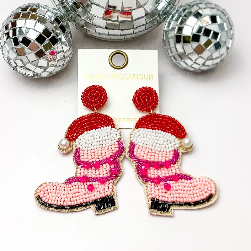 Vintage Wedding Earrings-Beaded Cowboy Boot Earrings with Santa Hat in Light Pink