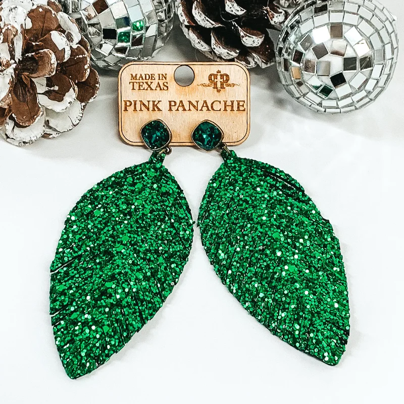 Wedding Earrings with Silver-Pink Panache | Green Glitter Feather Earrings on Emerald Cushion Cut Crystals