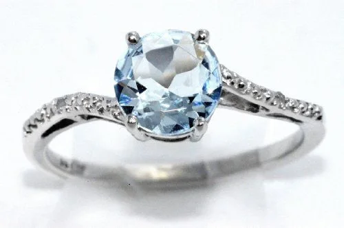 Diamond Engagement Ring-1.5 Ct Genuine Aquamarine & Diamond Round Ring .925 Sterling Silver Rhodium Finish