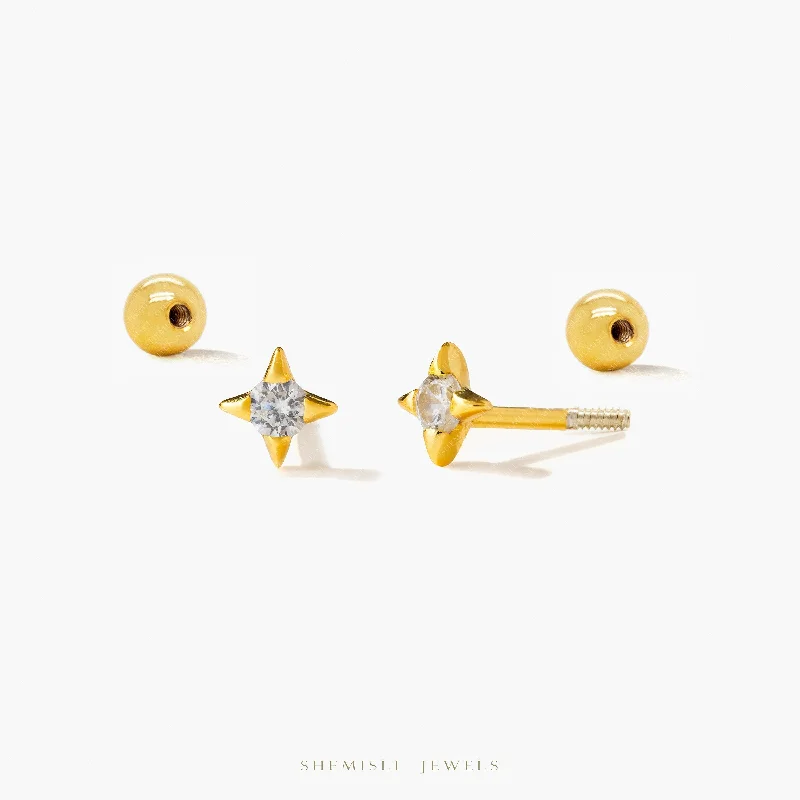 Fashion Earrings for Wedding Day-Tiny 4 Pointed Star With White Gem Stud Earrings With Screw Ball End, Unisex, Gold, Silver SHEMISLI SS955