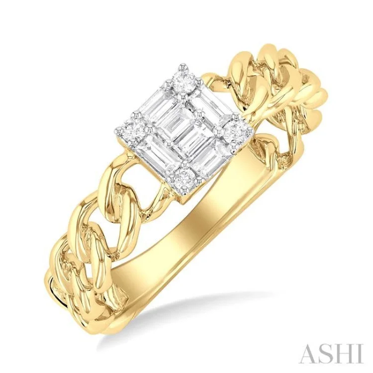 Beautiful Custom Ring-1/4 ctw Fusion Baguette and Round Cut Diamond Curb & Cuban Link Fashion Ring in 14K Yellow Gold