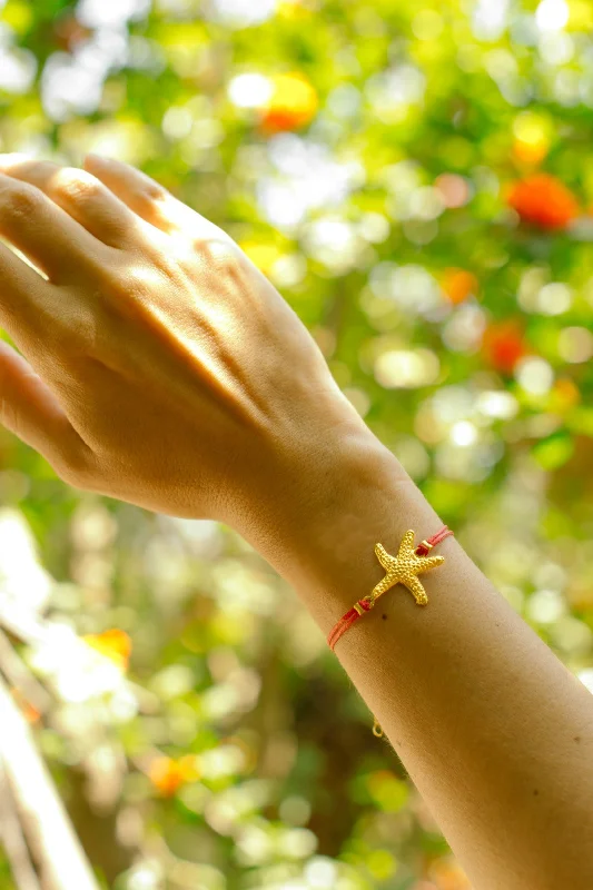 Fashionable Gold Link Bracelet-Gold starfish bracelet red cord womens bracelet