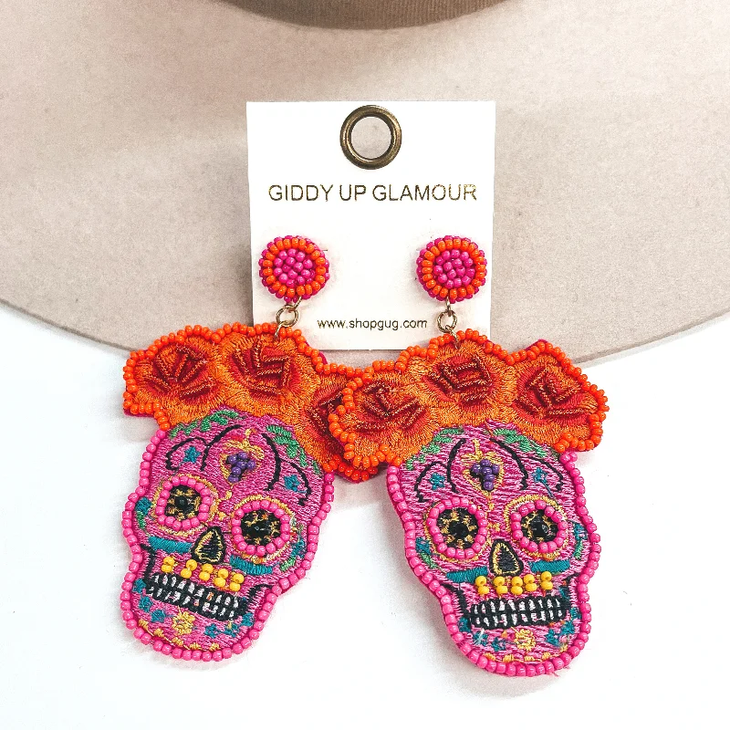 Silver Earrings for Bridesmaids-Memories Keep Us Alive Sugar Skull Post Earrings in Fuchsia Pink