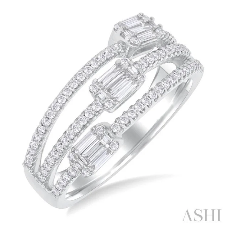 Sparkling Engagement Ring-5/8 ctw Split Three-Row Baguette and Round Cut Diamond Fashion Ring in 14K White Gold