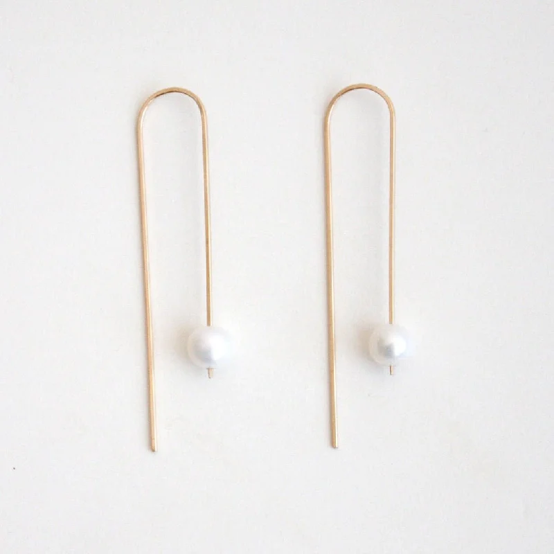 Elegant Wedding Earrings-Long Arc Threader Earrings with Large Pearl