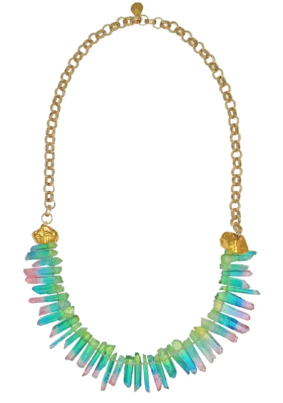 Vintage Gold Necklace-Rainbow Quartz Spike Necklace