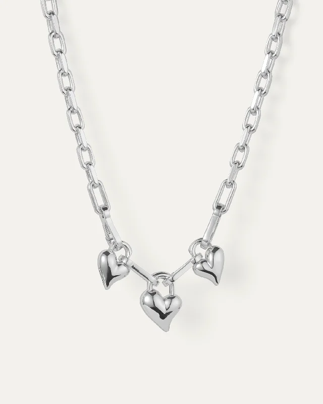 Simple Silver Necklace for Brides-Padlock Triple Heart Pendant Necklace