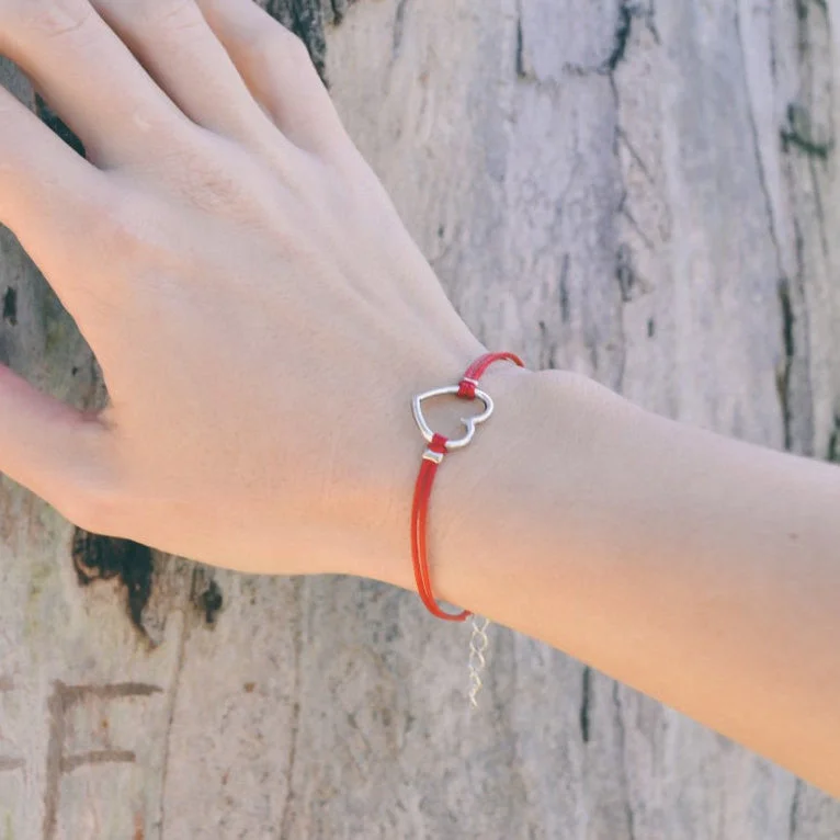 Custom Gold Bangle-Red bracelet with silver heart charm, adjustable bracelet