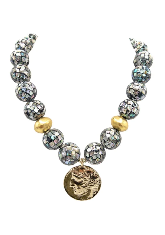 Luxury Diamond Necklace-Abalone Bead Coin Pendant Necklace