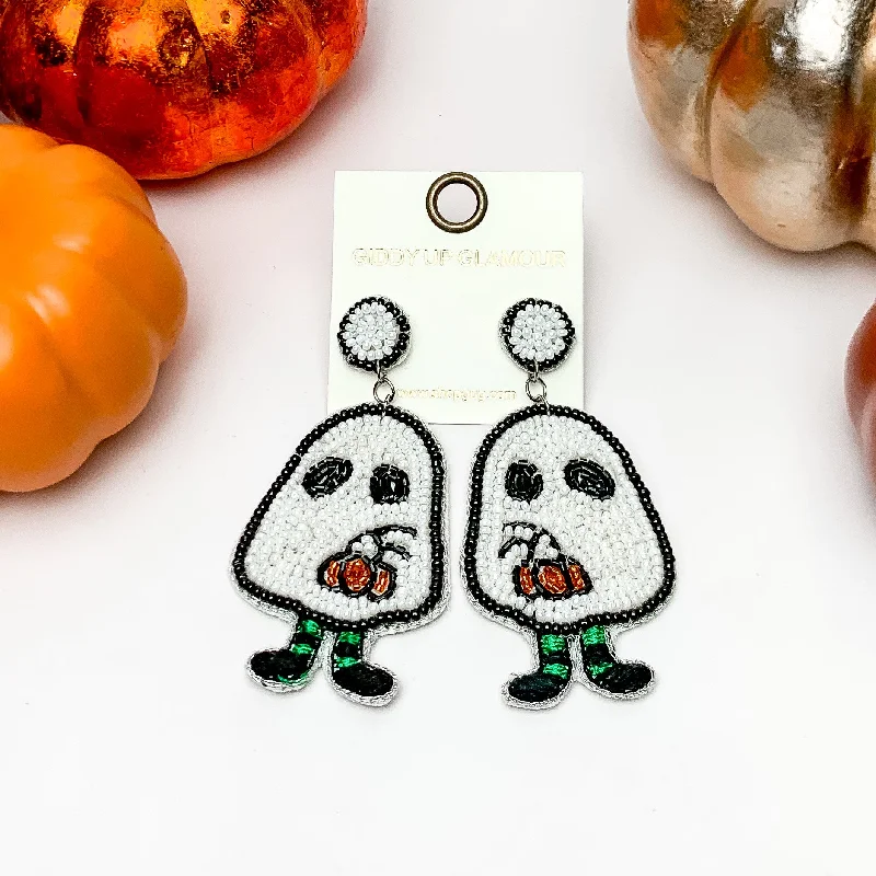 Silver Dangle Earrings-Ghost Boy Beaded Earrings in White