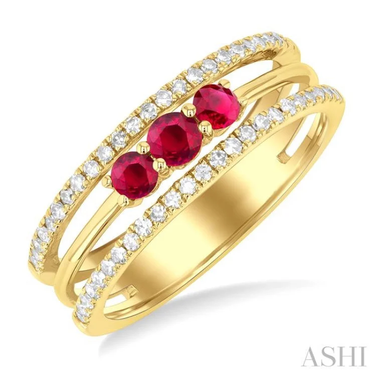 Gold Ring with Amethyst-3.2 MM, 2.7 MM Round Cut Ruby & 1/4 ctw Single Cut Diamond Past, Present and Future Precious Layered Fashion Ring in 10K Yellow Gold