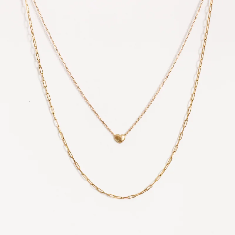 Elegant Gold Necklace for Weddings-14K Puff Heart + Dainty Paper Clip Necklace Bundle