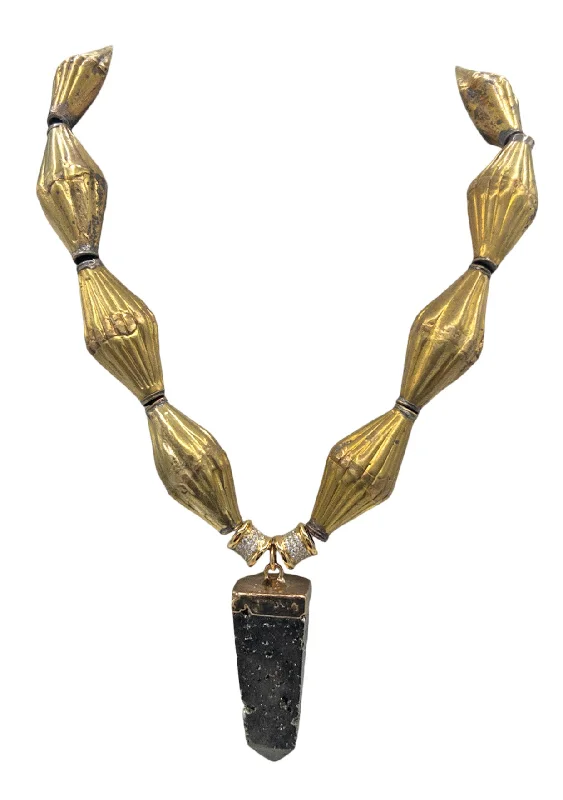 Luxury Gemstone Necklace-Brass Beads and Pyrite Pendant Necklace